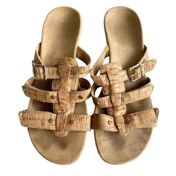 Vionic Orthaheel PARK RADIA Adjustable Strap Wedge Slides GOLD CORK 6.5 - Picture 1 of 5